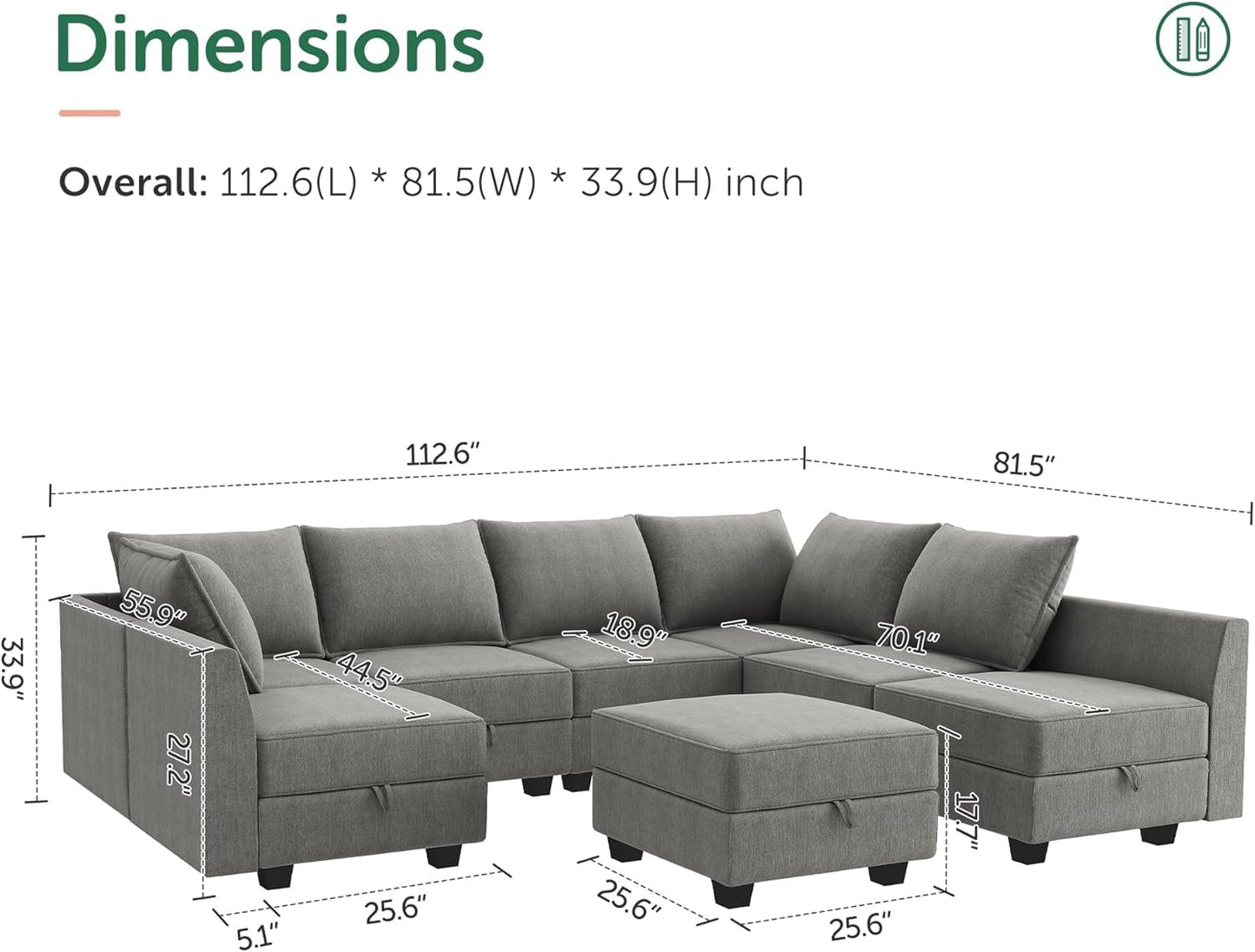 Generous Oversized U-Shaped Modular Sectional with Integrated Storage