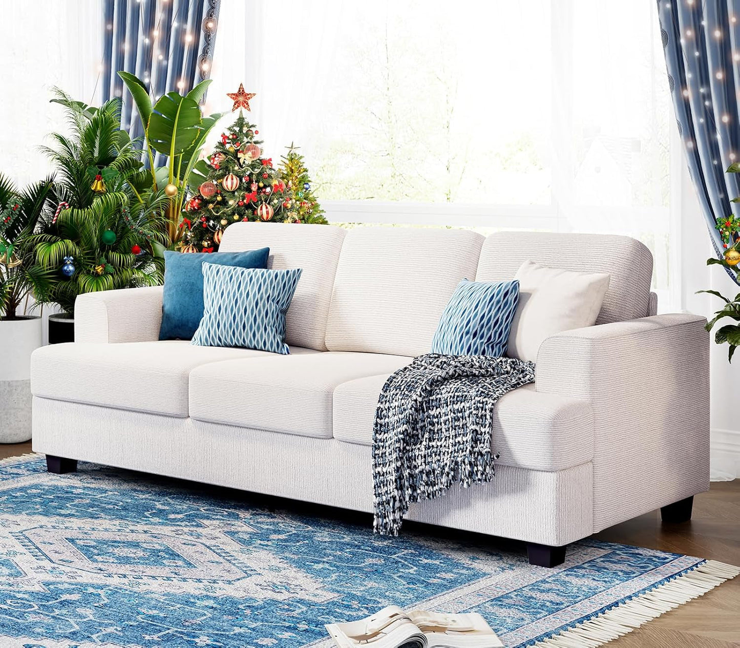 Luxurious Beige Chenille Sofa with Deep Seating Comfort