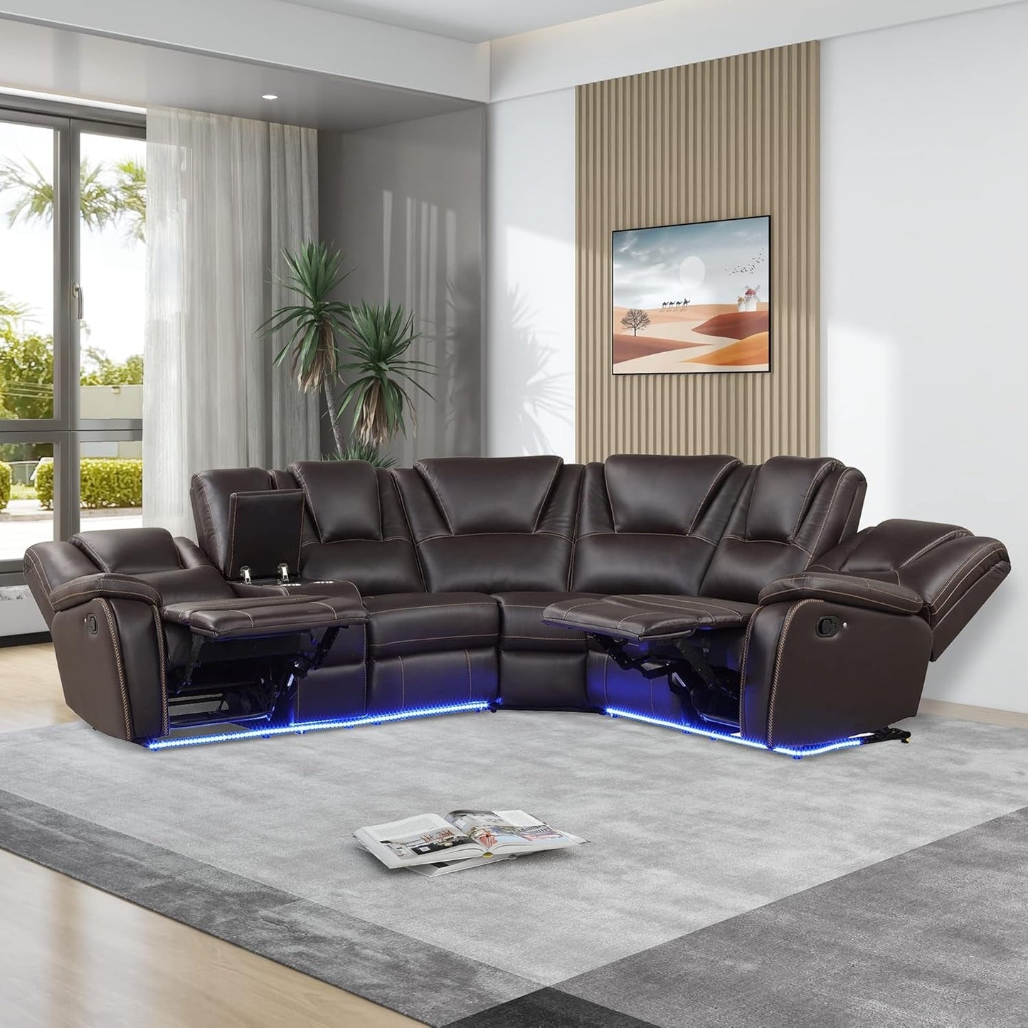 Ultimate Comfort Faux Leather LED Reclining Sectional Sofa
