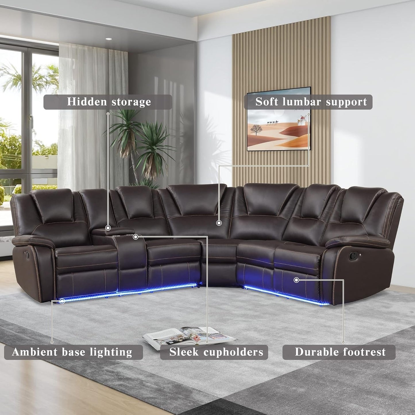 Ultimate Comfort Faux Leather LED Reclining Sectional Sofa