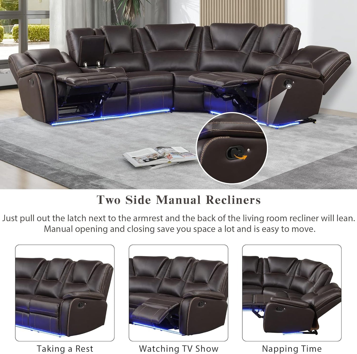 Ultimate Comfort Faux Leather LED Reclining Sectional Sofa