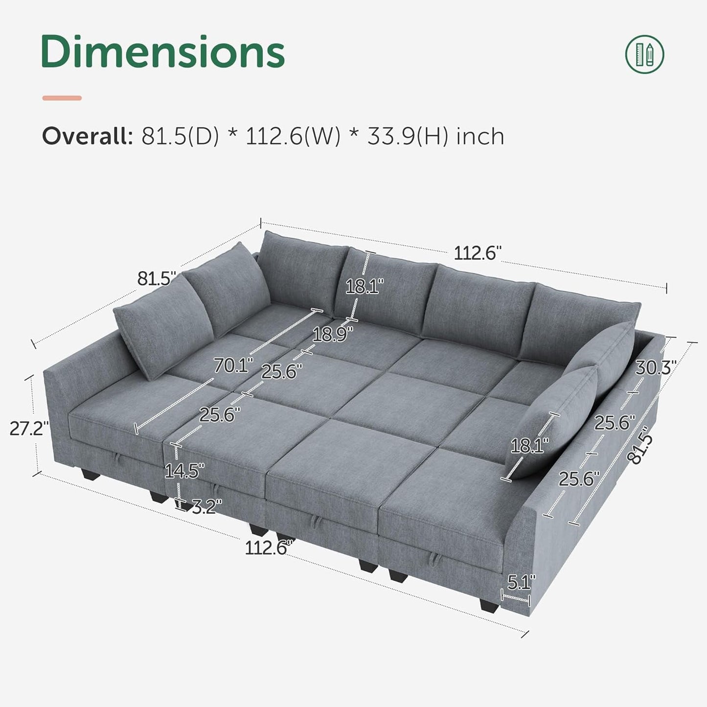 Multi-Functional Bluish Grey Modular Sectional with Storage - Convertible