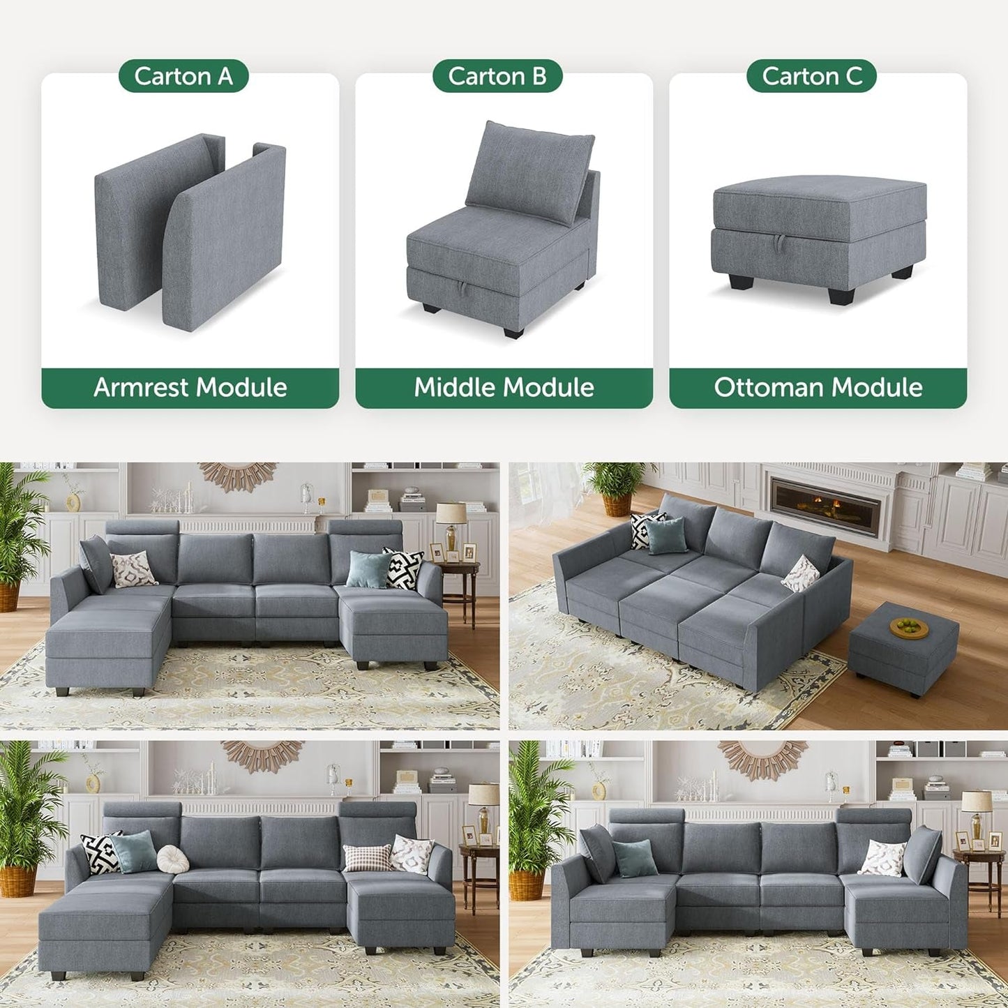 Multi-Functional Bluish Grey Modular Sectional with Storage - Convertible